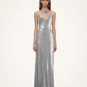 NWT JW Pei Heisey Silver Sequin Rosette Maxi Dress Size 10 Statement